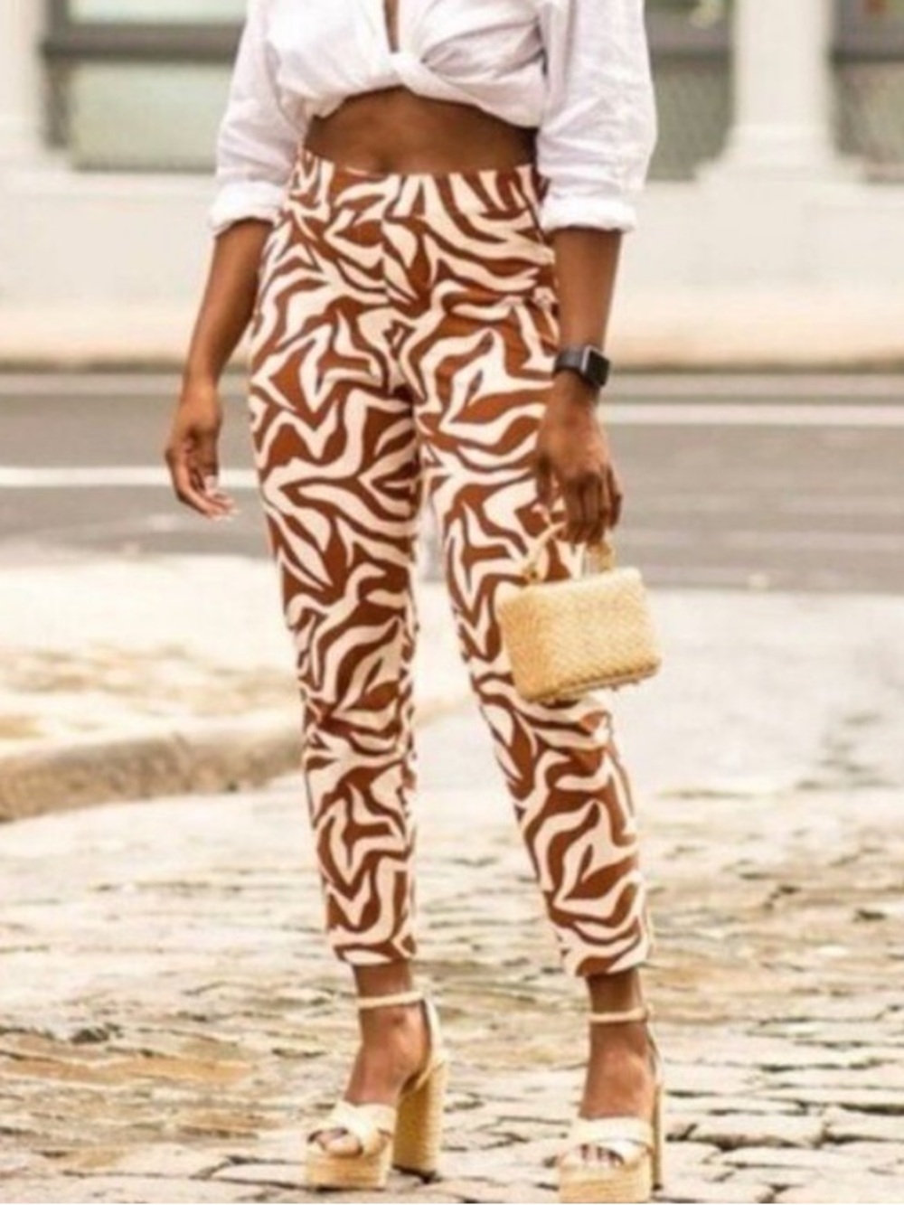 Spanx On-The-Go Brown & White Zebra Print Tummy Control Slim Ankle Pant